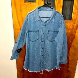 SHEIN-Plus Size Denim Button Up Shirt Distressed